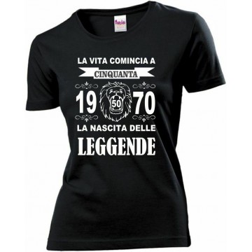 t-shirt maglia nera donna scritta 50 anni 1970 nascita leggende leone compleanno