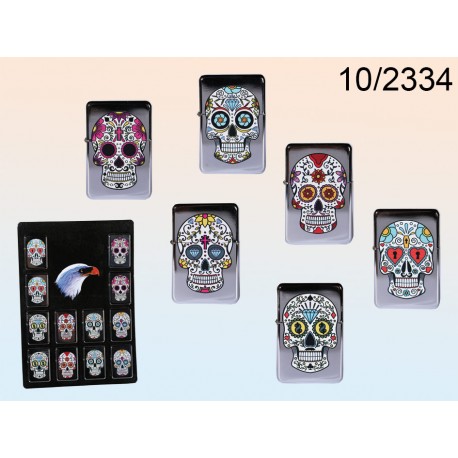 10/2334 - Accendino a benzina, teschi Coloured Skull, 6 ass., 12 pz/display  - Pazza Idea Regali Ingrosso